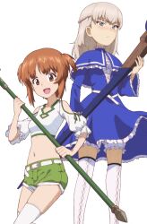  2girls alternate_hairstyle belt bloomers blue_capelet blue_dress blue_eyes blush boots braid brown_eyes brown_hair capelet closed_mouth clothing_cutout commentary cosplay cropped_shirt crown_braid dress frilled_capelet frilled_dress frilled_sleeves frills frown girls_und_panzer green_shorts grey_hair hair_up holding holding_staff itsumi_erika kanne_(sousou_no_frieren) kanne_(sousou_no_frieren)_(cosplay) kayabakoro lawine_(sousou_no_frieren) lawine_(sousou_no_frieren)_(cosplay) long_sleeves looking_at_viewer looking_to_the_side medium_hair midriff multiple_girls navel nishizumi_miho open_mouth shirt short_hair short_shorts short_sleeves shorts shoulder_cutout simple_background smile sousou_no_frieren staff standing sweatdrop thigh_boots thighhighs two_side_up underwear white_background white_belt white_bloomers white_footwear white_shirt white_thighhighs 