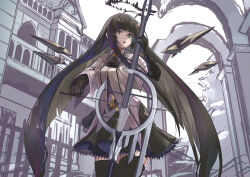 1girl ahoge arch architecture arknights ascot belt belt_buckle black_ascot black_belt black_eyes black_garter_straps black_gloves black_halo black_thighhighs black_wings blunt_bangs bow_(music) breasts bright_pupils broken_halo buckle building bustier buttons cello collared_jacket commentary_request cowboy_shot dark_halo detached_wings energy_wings from_below ganemu_(0912015) garter_straps gloves grey_shirt halo hand_up highres hime_cut holding holding_bow_(music) holding_instrument instrument jacket lace lace-trimmed_skirt lace_trim layered_sleeves long_hair long_sleeves looking_at_viewer looking_down medium_breasts miniskirt mole mole_under_eye music outdoors parted_lips playing_instrument shadow shirt short-sleeved_jacket short_over_long_sleeves short_sleeves sidelocks skirt solo standing straight_hair strap thighhighs untucked_shirt very_long_hair virtuosa_(arknights) white_jacket white_pupils wide_sleeves wing_collar wings zettai_ryouiki 