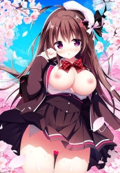  1girl ahoge bag beret blazer blush bow breasts breasts_out brown_hair brown_jacket brown_skirt censored clothes_lift collared_shirt day dress_shirt flower hair_between_eyes hat heart heart_censor jacket long_hair long_sleeves looking_at_viewer medium_breasts nipples no_panties open_clothes open_jacket open_shirt original outdoors parted_lips petals pink_flower plaid plaid_bow pleated_skirt purple_eyes red_bow school_bag school_uniform shiromochi_sakura shirt skirt skirt_lift solo tilted_headwear very_long_hair white_hat white_shirt wind wind_lift  rating:Questionable score:16 user:danbooru