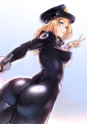  10s 1girl ass black_bodysuit blonde_hair blush bodysuit boku_no_hero_academia breasts brown_eyes curvy female_focus from_behind gradient_background hair_between_eyes half-closed_eyes hat highres hip_focus huge_ass kidmukuro large_breasts looking_at_viewer looking_back parted_lips pink_lips police_hat shiny_clothes shiny_skin sideboob skin_tight smile solo thick_thighs thighs unzipped utsushimi_kemii v wide_hips  rating:Sensitive score:162 user:danbooru