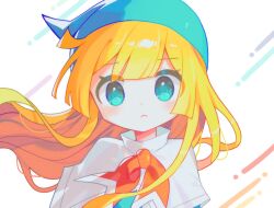  1girl :&lt; blonde_hair blue_eyes blue_hat blush capelet closed_mouth dot_nose floating_hair hat highres long_bangs long_hair looking_at_viewer neckerchief offbeat puyopuyo red_neckerchief sidelocks simple_background solo straight_hair upper_body white_background white_capelet witch_(puyopuyo) 
