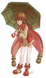 1girl ahoge brown_hair cape coat dress full_body gloves green_eyes hair_ornament hairband hexagram holding holding_umbrella jewelry lilka_eleniak long_hair low-tied_long_hair open_mouth pendant plaid_umbrella saburo sidelocks simple_background skirt smile solo thighhighs twintails umbrella white_background white_thighhighs wild_arms wild_arms_2 yellow_hairband