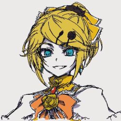  1girl aku_no_musume_(vocaloid) blonde_hair blue_eyes bow brooch choker dress dress_bow dress_flower earrings evil_smile evillious_nendaiki flower gem grin hair_bow hair_ornament hairclip high_ponytail jewelry kagamine_rin looking_at_viewer lowres off-shoulder_dress off_shoulder orange_bow portrait red_gemstone rice_rice_2525 riliane_lucifen_d&#039;autriche rose sketch smile solo swept_bangs updo vocaloid yellow_bow yellow_choker yellow_flower yellow_rose 