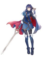  1girl absurdres armor belt blue_eyes blue_hair boots brand_of_the_exalt cape commission falchion_(fire_emblem) female_focus fingerless_gloves fire_emblem fire_emblem_awakening gloves highres holding holding_mask holding_weapon looking_at_viewer lucina_(fire_emblem) mask nintendo parted_bangs princess shoulder_armor smile sweater sword tiara turtleneck turtleneck_sweater two-tone_cape vambraces weapon white_background 