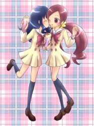  2girls ^_^ black_socks blue_background blue_hair bow bowtie brown_footwear buttons closed_eyes collared_dress commentary_request crumbs dress eyelashes flower food full_body hair_flower hair_ornament hanasaki_tsubomi heartcatch_precure! holding holding_food kneehighs kurumi_erika leg_up licking licking_another&#039;s_face light_blush long_hair long_sleeves low_twintails multiple_girls myoudou_gakuen_middle_school_uniform one_eye_closed open_mouth pink_background pink_bow pink_bowtie pink_eyes pink_hair plaid plaid_background pleated_skirt precure sailor_collar school_uniform shoes short_dress simple_background skirt socks twintails two-tone_background uwabaki very_long_hair wavy_hair white_sailor_collar yellow_dress yellow_flower yellow_sleeves yuri yzb-030 