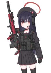  1girl absurdres beret black_choker black_gloves black_hair black_serafuku black_skirt blue_archive blush choker closed_mouth collarbone commentary cowboy_shot em-2 english_commentary gloves gun hair_over_eyes halo hat headset highres holding holding_gun holding_weapon justice_task_force_member_(blue_archive) light_smile load_bearing_vest long_bangs long_hair long_sleeves looking_at_viewer microphone red_eyes red_halo school_uniform serafuku simple_background skirt solo srtdrawart unusually_open_eyes weapon white_background 