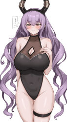  1girl arknights bare_shoulders black_hairband black_horns black_leotard blush breasts cleavage_cutout clothing_cutout collarbone commentary covered_navel cowboy_shot english_commentary fangs_(fangs_art) hairband hand_on_own_chest highleg highleg_leotard highres horns large_breasts leotard long_hair pink_eyes purple_hair shirt simple_background solo thigh_strap typhon_(arknights) very_long_hair 