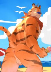  1boy animal_ears anus ass bara beach completely_nude feet_out_of_frame from_behind furry furry_male highres kellogg&#039;s looking_at_viewer looking_back male_focus muscular muscular_male nude outdoors sanpaku short_hair solo tail testicles thick_eyebrows thighs tiger_boy tiger_ears tony_the_tiger water yuuko_(yuuko891) 