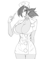 1girl breasts choker cleavage collarbone cowboy_shot gloves greyscale hat large_breasts latex latex_gloves looking_at_viewer monochrome mouth_mask nurse_cap ponytail skullgirls solo surgical_mask syringe valentine_(skullgirls)