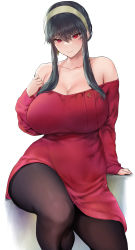 1girl bare_shoulders black_hair black_pantyhose blush breasts cleavage collarbone curvy earrings facing_viewer hairband highres jewelry large_breasts long_hair long_sleeves looking_at_viewer off-shoulder_sweater off_shoulder pantyhose red_eyes red_sweater shino_(comic_penguin_club) short_hair_with_long_locks sidelocks simple_background sitting smile solo spy_x_family sweater thighs white_background yor_briar rating:Sensitive score:76 user:danbooru