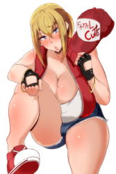 1girl artistic_error baseball_cap blonde_hair blue_eyes breasts breasts_on_lap cleavage extra_digits fatal_fury fingerless_gloves gender_request genderswap gloves hair_between_eyes hat huge_breasts mole mole_on_breast mucc_(ren0522) open_clothes open_vest parted_lips plump ponytail shoes short_shorts shorts sneakers snk_heroines:_tag_team_frenzy solo tank_top terry_bogard the_king_of_fighters vest rating:Questionable score:80 user:Marcerner