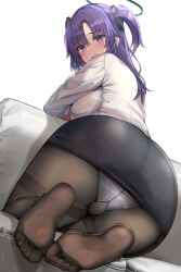  1girl ass black_skirt blue_archive blush breasts brown_pantyhose commentary_request couch crotch_seam feet from_behind halo highres kihou_no_gotoku_dmc kneeling large_breasts leaning_forward long_hair long_sleeves looking_at_viewer looking_back mechanical_halo on_couch panties panties_under_pantyhose pantyhose pencil_skirt purple_eyes purple_hair shirt skirt soles solo thighband_pantyhose toes two_side_up underwear white_background white_panties white_shirt yuuka_(blue_archive) 