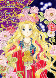 1girl blonde_hair blue_eyes colored_pencil_(medium) dress flower hair_flower hair_ornament hair_rings hair_stick holding holding_flower jewelry long_hair looking_at_viewer necklace original parted_bangs red_dress solo suzumame traditional_media very_long_hair wavy_hair wide_sleeves 
