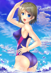 1girl ass blue_eyes blue_sky blue_one-piece_swimsuit cloud competition_swimsuit day grey_hair hand_on_own_hip highleg highleg_swimsuit highres looking_at_viewer looking_back love_live! love_live!_sunshine!! miyazaki_yukichi one-piece_swimsuit open_mouth outdoors salute short_hair sky smile solo standing swimsuit watanabe_you water rating:Sensitive score:12 user:danbooru