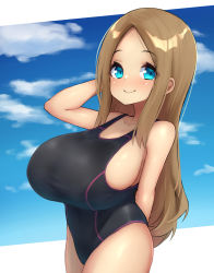  1girl arm_behind_back bare_shoulders black_one-piece_swimsuit blue_background blue_eyes blush breasts brown_hair closed_mouth cloud collarbone competition_school_swimsuit competition_swimsuit cowboy_shot forehead hand_on_own_head highres huge_breasts letterboxed long_hair one-piece_swimsuit original parted_bangs school_swimsuit sideboob sidelocks sky smile solo standing swimsuit watari1118  rating:Questionable score:69 user:Parcheliam