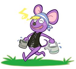 1boy animal_crossing aquamoonlight black_shirt closed_eyes grass holding holding_watering_can male_focus mouse_(animal) musical_note nintendo rod_(animal_crossing) shirt simple_background walking watering_can white_background