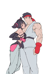 1boy 1girl black_hair breast_press breasts chinese_clothes detached_sleeves dougi dudou flirting gloves halterneck han_juri headband height_difference hetero hip_vent medium_breasts muscular pink_gloves ryu_(street_fighter) short_twintails sideboob sketch sleeveless street_fighter street_fighter_iv_(series) timbougami twintails rating:Questionable score:39 user:danbooru