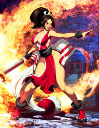 1girl artist_name breasts brown_eyes brown_hair cleavage folded_fan covered_erect_nipples hand_fan fatal_fury folding_fan full_body genzoman high_ponytail king_of_fighters_xiii large_breasts long_hair midriff ninja open_mouth pelvic_curtain ponytail revealing_clothes shiranui_mai smile snk solo the_king_of_fighters the_king_of_fighters_xiii torii tree  rating:Sensitive score:28 user:HeroGirls