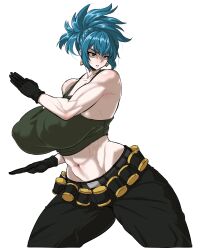  1girl abs absurdres ammunition_belt bare_shoulders black_gloves black_pants black_tank_top blue_eyes blue_hair breasts covered_erect_nipples earrings exabyte_(parallax05) gloves highres huge_breasts jewelry leona_heidern muscular muscular_female navel pants ponytail simple_background solo tank_top the_king_of_fighters the_king_of_fighters_xiii triangle_earrings white_background 