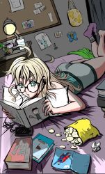1girl bedroom blonde_hair book chips_(food) female_focus food glasses green_eyes listening_to_music lummypixith messy_hair original potato_chips reading
