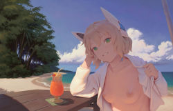 1girl android antica_(bigrbear) beach bigrbear blonde_hair blue_sky breasts cherry cloud cocktail collarbone commentary cup day drinking_glass drinking_straw food fruit green_eyes hand_on_own_head head_rest head_tilt headgear highres joints lemon lemon_slice long_sleeves looking_at_viewer naked_shirt nipples no_bra ocean open_clothes open_shirt original outdoors parted_lips revision robot_joints shirt short_hair sky small_breasts smile solo sunlight table tree upper_body water white_shirt wooden_table rating:Questionable score:228 user:danbooru