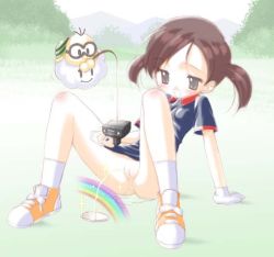 1girl arm_support artist_request blue_shirt blush bottomless breast_pocket brown_eyes brown_hair cloud fishing_rod flat_chest gloves grass grin lakitu loli mario_(series) mario_golf mountain nintendo no_panties open_mouth orange_footwear peeing plum_(nintendo) pocket puddle rainbow shirt shoes short_hair short_sleeves smile sneakers sparkle spread_legs super_mario_bros._1 teeth tree twintails uncensored video_camera white_gloves rating:Explicit score:59 user:warforce