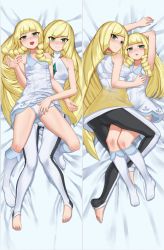  2girls bare_shoulders blonde_hair blunt_bangs blush braid breasts carbon12th creatures_(company) female_focus from_above from_behind full_body game_freak green_eyes highres incest lillie_(pokemon) long_hair looking_at_viewer lusamine_(pokemon) lying medium_breasts mother_and_daughter multiple_girls nintendo on_back on_stomach pokemon pokemon_sm small_breasts smile twin_braids  rating:Sensitive score:131 user:danbooru