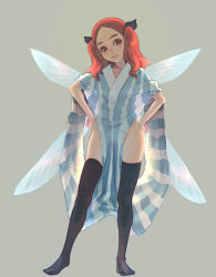  1girl boxers elbow_gloves fairy fairy_wings female_focus gloves hands_on_own_hips insect_wings long_hair male_underwear mini_person minigirl original pegs red_eyes red_hair simple_background solo striped_clothes striped_thighhighs thighhighs twintails underwear weno wings  rating:Sensitive score:19 user:danbooru