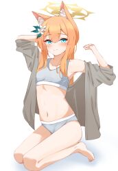  1girl absurdres barefoot blue_archive blue_eyes blush breasts closed_mouth flower grey_jacket grey_panties grey_sports_bra hair_between_eyes hair_flower hair_ornament halo highres jacket kabocya_na long_hair mari_(blue_archive) navel open_clothes open_jacket orange_hair panties simple_background small_breasts smile solo sports_bra underwear white_background white_flower yellow_halo 