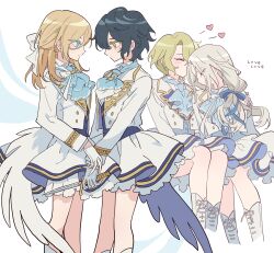  4girls aoba_tsumugi ascot bad_id bad_pixiv_id blonde_hair blue_ascot blue_eyes closed_eyes closed_mouth dagger ensemble_stars! eye_contact face-to-face frilled_skirt frills from_side genderswap genderswap_(mtf) gloves highres holding holding_dagger holding_knife holding_weapon jacket kiss kissing_forehead knife long_hair long_sleeves looking_at_another meremero multiple_girls past_fine_(ensemble_stars!) profile ran_nagisa short_hair sitting skirt sleeping sleeping_on_person sleeping_upright smile standing tenshouin_eichi tomoe_hiyori weapon white_background white_gloves white_jacket white_skirt yuri 