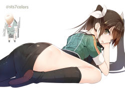 10s 2girls ass black_footwear boots brown_eyes brown_hair chikuma_(kancolle) chikuwa food hair_between_eyes hair_ribbon kantai_collection knee_boots long_hair multiple_girls name_connection no_panties open_mouth pelvic_curtain pun remodel_(kantai_collection) ribbon side_slit single_thighhigh skirt smile sts thighhighs tone_(kancolle) twintails twitter_username white_background rating:Sensitive score:17 user:danbooru