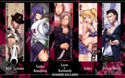 3boys 3girls :p ;p ada_wong aiming aiming_at_viewer belt blonde_hair blue_eyes blush breasts brown_hair busujima_saeko camera candy capcom chainsaw cheerleader cleavage clothes_writing couple cowboy_hat crop_top crossover darkmaya dead_rising english_text engrish_text unworn_eyewear facial_hair food frank_west grasshopper_manufacture gun hair_ornament handgun hat highres highschool_of_the_dead holding holding_removed_eyewear i&#039;m_wet!_(meme) juliet_starling katana knife leon_s._kennedy licking lollipop lollipop_chainsaw long_hair looking_at_viewer medium_breasts meme midriff miniskirt multiple_boys multiple_girls neta nick_carlyle one_eye_closed open_mouth panties purple_hair ranguage red_panties resident_evil resident_evil_6 reverse_grip revolver rick_grimes school_uniform scrunchie severed_head short_hair side-tie_panties skirt smile star_(symbol) stubble sunglasses sweatdrop sword the_walking_dead thighhighs tongue tongue_out translation_request twintails underwear watch weapon wink wristwatch rating:Sensitive score:60 user:danbooru