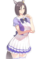  1girl air_groove_(umamusume) animal_ears back_bow black_hair blue_eyes bob_cut bow bowtie breast_hold breast_lift breasts closed_mouth commentary_request cowboy_shot ear_ribbon elbow_rest frilled_skirt frills hand_on_own_arm heart horse_ears horse_girl horse_tail horseshoe_ornament looking_at_viewer miniskirt parted_bangs pleated_skirt puffy_short_sleeves puffy_sleeves purple_bow purple_bowtie purple_shirt sailor_collar sailor_shirt school_uniform serafuku shirt short_hair short_sleeves simple_background skirt smile solo standing summer_uniform tail thick_thighs thighhighs thighs tongue tongue_out tracen_school_uniform two-tone_shirt umamusume white_background white_sailor_collar white_shirt white_skirt white_thighhighs zucchini 