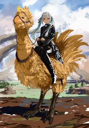  1girl absurdres aqua_hair bird black_dress black_suit black_thighhighs blunt_bangs brooch canyon chocobo dress final_fantasy final_fantasy_xv formal frilled_dress frilled_sleeves frills full_body highres holding holding_reins isshiki_(ffmania7) jewelry lize_helesta looking_at_viewer multicolored_hair nijisanji outdoors purple_eyes reins riding riding_animal sebastian_piyodore sidelocks signature sitting smile solo standing streaked_hair suit thighhighs twintails virtual_youtuber white_hair 