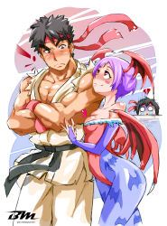 1boy 2girls absurdres bayeuxman blush breast_press breasts broken_heart capcom cleavage company_connection crossed_arms crossover crying demon_girl dougi head_wings headband heart highres jealous kasugano_sakura lilith_aensland multiple_girls netorare pantyhose purple_hair ryu_(street_fighter) small_breasts smile spiked_hair street_fighter vampire_(game) wings rating:Sensitive score:42 user:danbooru