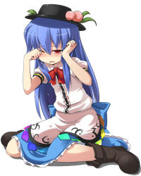 1girl blue_hair blush bow bowtie crying crying_with_eyes_open female_focus food_as_clothes hat hinanawi_tenshi kneeling long_hair mamo_williams one_eye_closed red_eyes sad simple_background sitting solo tears touhou wariza wiping_tears rating:Sensitive score:15 user:danbooru