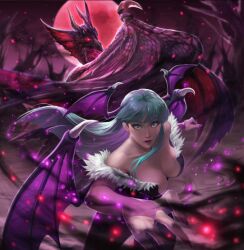  1girl artist_request bare_shoulders black_leotard breasts bridal_gauntlets constricted_pupils demon_wings dragon full_moon green_eyes green_hair head_wings leotard long_hair moon morrigan_aensland official_art red_moon solo strapless strapless_leotard teppen vampire_(game) wings 