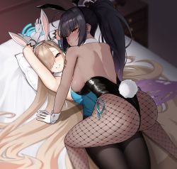  2girls absurdres all_fours animal_ears armpits ass asuna_(blue_archive) asuna_(bunny)_(blue_archive) back bare_shoulders black_hair black_leotard blue_archive blush bow bowtie breasts cleavage curvy dark-skinned_female dark_skin detached_collar fake_animal_ears fishnets gloves highleg highleg_leotard highres huge_ass karin_(blue_archive) karin_(bunny)_(blue_archive) large_breasts leotard long_hair looking_at_viewer lying multiple_girls on_back on_bed p03145 pantyhose playboy_bunny rabbit_ears rabbit_tail shiny_clothes shiny_skin smile strapless strapless_leotard tail take_your_pick thong_leotard very_long_hair white_gloves wide_hips wrist_cuffs yellow_eyes  rating:Sensitive score:105 user:danbooru