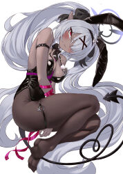  1girl absurdres alternate_costume angry animal_ears armlet ass b-pang backless_leotard backless_outfit bare_back bare_shoulders black_leotard blue_archive blush bow breasts card cleavage closed_mouth dark-skinned_female dark_skin demon_girl demon_tail dot_nose folded from_above frown gloves grey_hair hair_ornament hair_over_one_eye hair_ribbon high_heels highres iori_(blue_archive) leotard long_hair looking_at_viewer lying medium_breasts on_side pantyhose playboy_bunny playing_card pointy_ears red_eyes ribbon simple_background skindentation soles solo spaghetti_strap sweatdrop tail thigh_strap thighs tsurime twintails v-shaped_eyebrows very_long_hair wavy_mouth white_background 