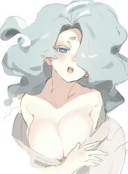 1girl absurdres aqua_hair bare_shoulders blue_eyes blush breasts cleavage en&#039;enra enraenra_(youkai_watch) hair_over_one_eye highres japanese_clothes kimono kmnk_(kumanuko) large_breasts long_hair looking_at_viewer monster_girl off_shoulder open_mouth solo traditional_youkai white_background youkai_(youkai_watch) youkai_watch