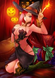  blue_eyes bow breasts green_bow hat highres large_breasts pillow red_hair witch witch_hat  rating:Sensitive score:8 user:Hiryu
