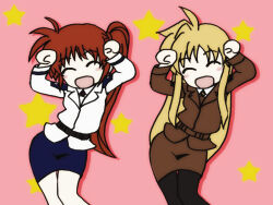  2girls bow caramelldansen closed_eyes dancing fate_testarossa long_hair long_sleeves lyrical_nanoha mahou_shoujo_lyrical_nanoha_strikers multiple_girls orange_hair pantyhose pechetan ribbon shirt short_hair side_ponytail skirt star_(symbol) takamachi_nanoha 