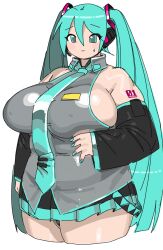  1girl alternate_body_size aqua_eyes aqua_hair aqua_nails aqua_necktie arm_at_side arm_tattoo black_skirt blush breasts closed_mouth cowboy_shot cropped_legs detached_sleeves hair_between_eyes hair_ornament hatsune_miku highres huge_breasts long_hair looking_at_viewer necktie pleated_skirt simple_background skirt sleeveless solo sweatdrop tattoo thick_arms thick_thighs thighs twintails utoka very_long_hair vocaloid white_background 