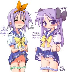 00s 2girls blue_panties blush bow cleft_of_venus clothes_lift collaboration green_panties hair_bow hard-translated hiiragi_kagami hiiragi_tsukasa ikkyuu lucky_star multiple_girls oekaki panties panty_pull purple_hair pussy school_uniform siblings simple_background sisters skirt skirt_lift striped_clothes striped_panties tears text_focus third-party_edit translated twins twintails uncensored underwear rating:Explicit score:102 user:StolenTranslations