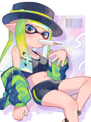  1girl barcode bike_shorts food green_hair green_jacket hat highres inkling inkling_girl inkling_player_character jacket long_hair midriff multicolored_eyes nintendo open_clothes open_jacket pointy_ears popsicle shina_shina single_vertical_stripe solo splatoon_(series) splatoon_1 splatoon_2 splatoon_3 tentacle_hair 