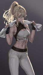 1girl bare_arms bare_shoulders black_gloves blonde_hair blue_eyes breasts cleavage cleavage_cutout clothing_cutout contrapposto cowboy_shot crop_top fingerless_gloves genshin_impact gloves gradient_background highres holding jean_(genshin_impact) long_hair looking_down m2_(guvn5745) medium_breasts midriff navel pants parted_lips ponytail shirt sleeveless sleeveless_shirt solo sportswear standing stomach sweat towel towel_around_neck white_shirt yoga_pants rating:Sensitive score:79 user:danbooru