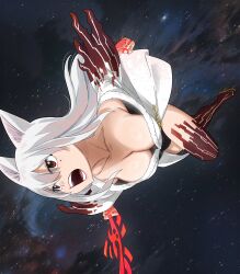  1girl bare_shoulders breasts cleavage collarbone colorized eden&#039;s_zero gaston18 highres homura_kogetsu large_breasts long_hair mashima_hiro mole mole_under_eye solo space star_(symbol) starry_background  rating:Sensitive score:11 user:YuukoLover