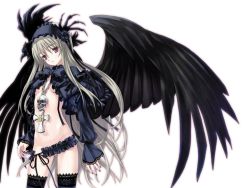  00s 1girl black_thighhighs black_wings breasts cross female_focus goth_fashion gothic_lolita hairband jewelry lolita_fashion long_hair matsuryuu nail_polish navel necklace no_panties rozen_maiden skull solo suigintou thighhighs underboob very_long_hair wallpaper white_background wings  rating:Questionable score:37 user:Bunnycorn