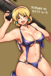  1girl blonde_hair blue_one-piece_swimsuit breasts brown_eyes cameltoe covered_erect_nipples earrings gundam hairband holding holding_weapon jewelry katejina_loos kneeling large_breasts minnnaorenoyome navel o-ring one-piece_swimsuit open_mouth simple_background slingshot_swimsuit solo swimsuit thick_eyebrows thick_thighs thighs victory_gundam weapon 