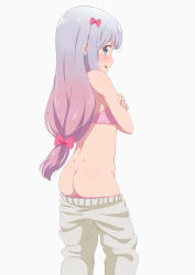  1girl ass bad_id bad_pixiv_id beige_pants blue_eyes blush bow bra butt_crack clothes_pull crossed_arms dimples_of_venus eromanga_sensei from_behind gradient_hair hair_bow hayyan highres izumi_sagiri jpeg_artifacts light_purple_hair loli long_hair looking_at_viewer looking_back multicolored_hair open_mouth panties pants pants_pull panty_pull pink_bow pink_bra pink_panties silver_hair simple_background solo standing teeth two-tone_hair underwear upper_teeth_only white_background  rating:Questionable score:214 user:danbooru